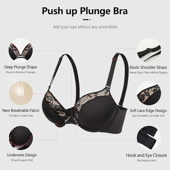 Women's 38A Push Up Padded Lift Support Underwire Add 2 Cup Plunge Bra Black - Picture 8 of 9